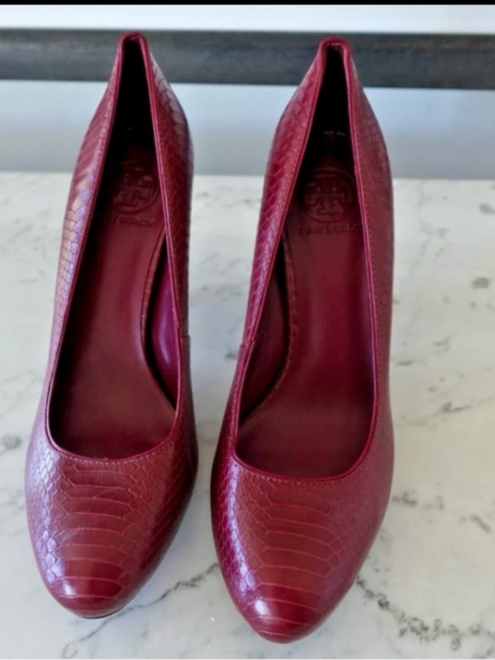 Tory Burch Python-Embossed Leather Pumps in a striking burgundy shade size 9